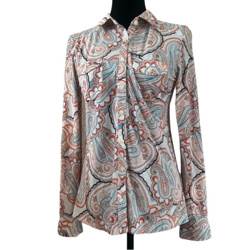 NWOT DNA Couture Women Top Size M Orange Paisley Collared Retro Colorful Blouse
